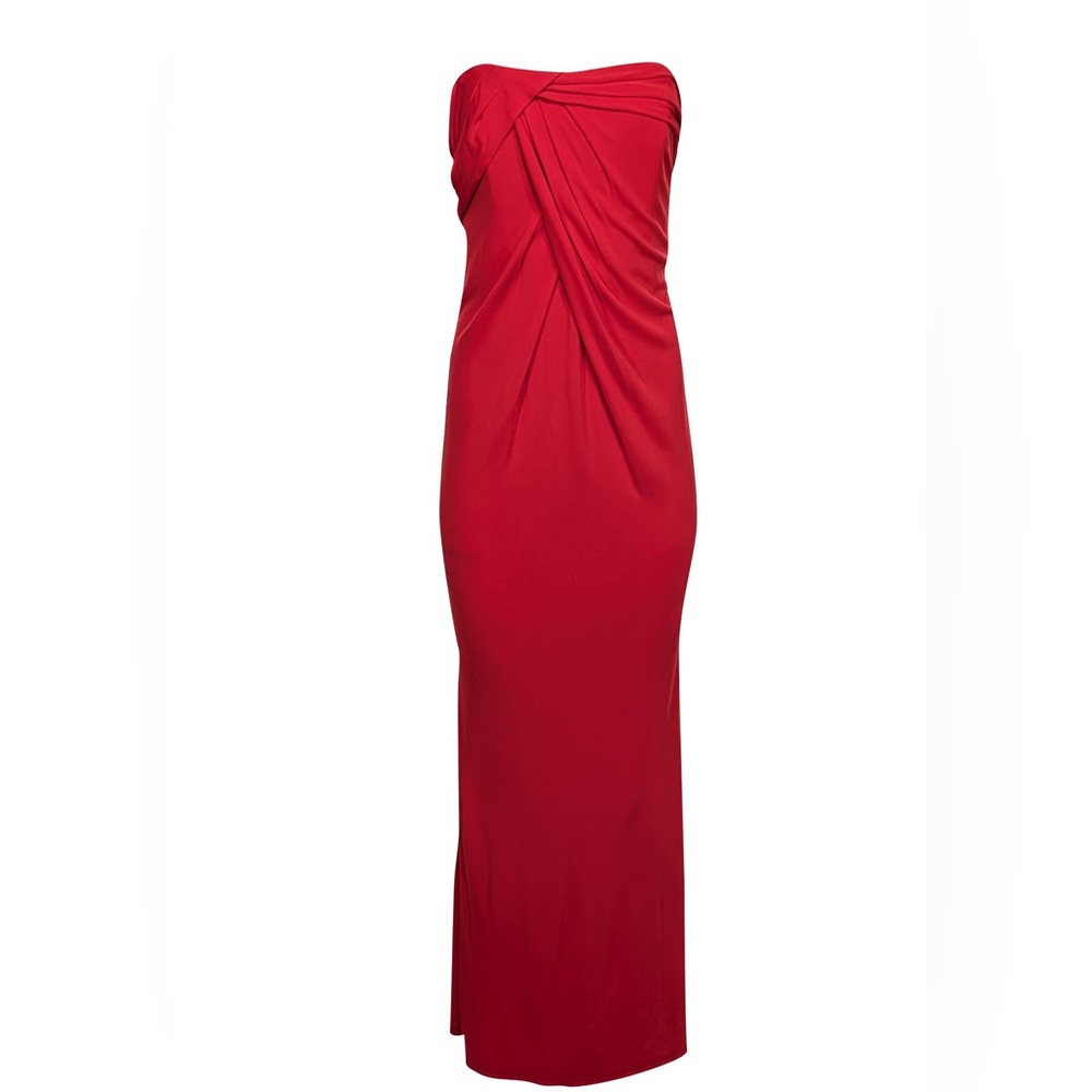 David Meister Strapless Red Draped Column Gown
